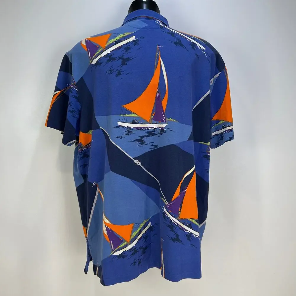 Vintage Polo Ralph Lauren Printed Polo Shirt Blue Abstract Sailing Motif Cotton
